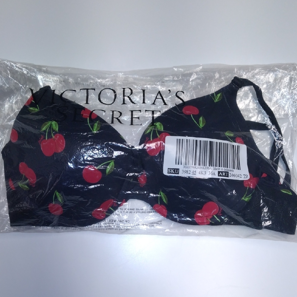 PINK Victoria's Secret PushUp Bra 36A Cherry Print - Black and Red